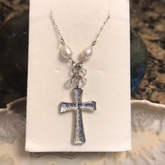 STERLING SILVER CROSS W/FRESHWATER PEARLS CRYSTAL - Picture 2 of 7
